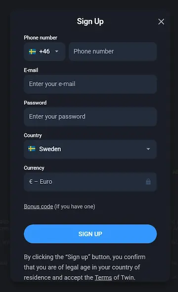 registrering på Twin Casino